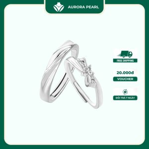 Nhẫn đôi bạc đeo nam nữ AuroraPearl A0001 - Cặp nhẫn Nơ thắt đính đá trái tim ngọt ngào bạc Ý