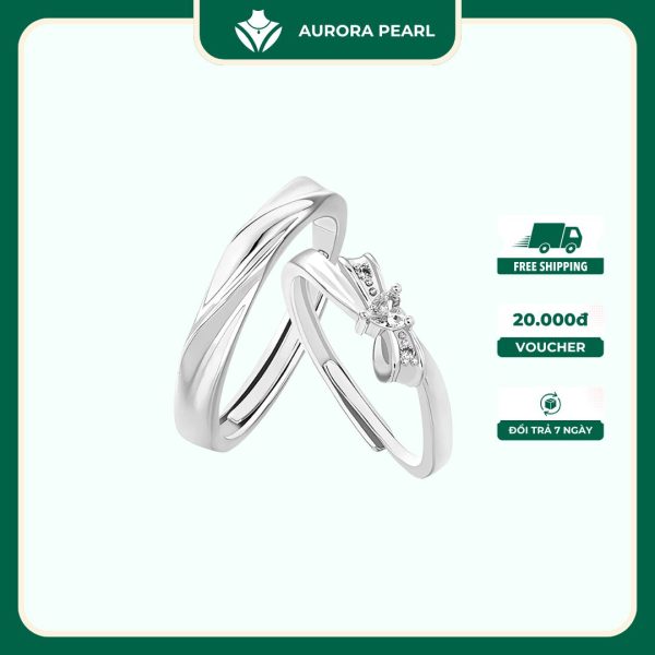 Nhẫn đôi bạc đeo nam nữ AuroraPearl A0001 - Cặp nhẫn Nơ thắt đính đá trái tim ngọt ngào bạc Ý