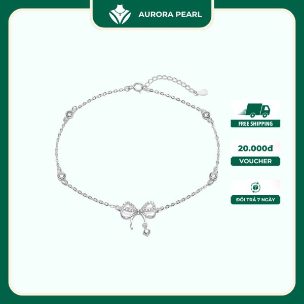 Lắc chân bạc nữ AuroraPearl LC0133 - Vòng chân nơ treo hạt đá nhảy lấp lánh