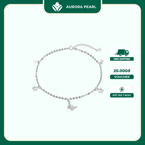 Lắc chân bạc nữ AuroraPearl LC0136 - Dây hoa treo charm hồ điệp ánh sao lấp lánh