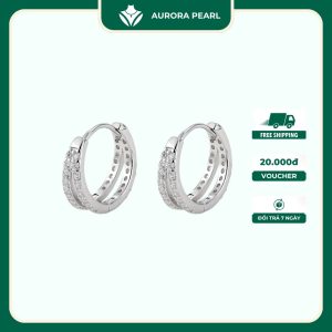 Bông tai bạc nữ AuroraPearl B0544 - Hai tầng chốt bấm viền đính đá cá tính